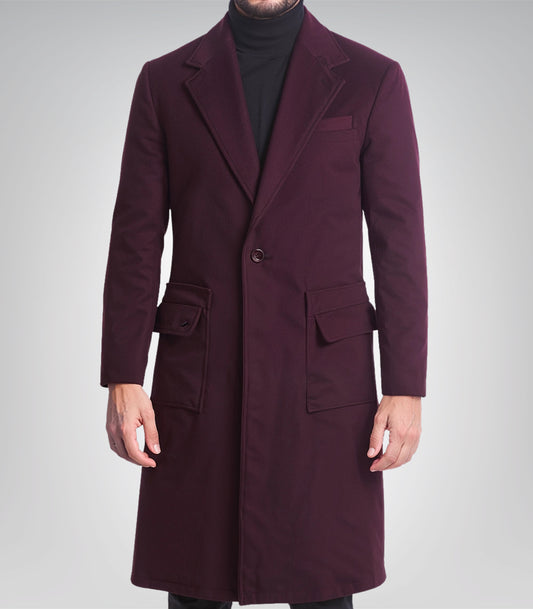 Victor men’s burgundy wool coat with single-button closure