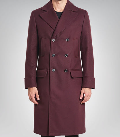 Luke men’s burgundy double-breasted wool coat with peak lapel