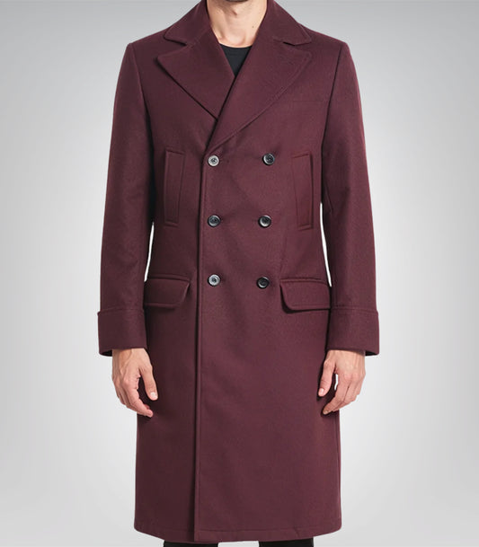 Luke men’s burgundy double-breasted wool coat with peak lapel