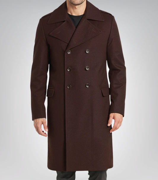 Karl men’s dark brown double-breasted wool coat with notch lapel