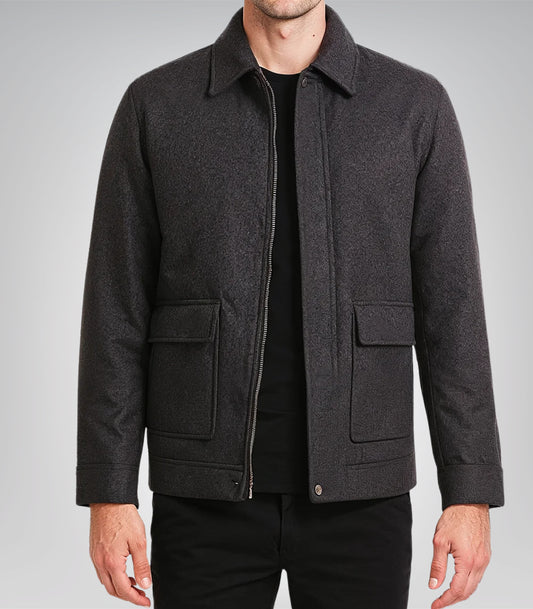 Men’s charcoal grey wool zip jacket with shirt collar