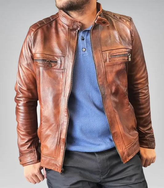 1990s men’s vintage brown leather biker jacket – handmade retro motorcycle coat