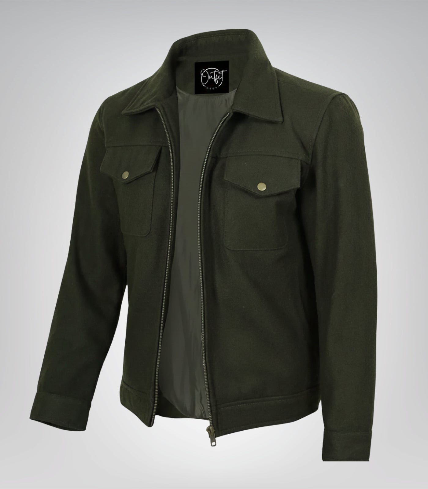 Men’s olive green wool utility jacket with zip-up closure