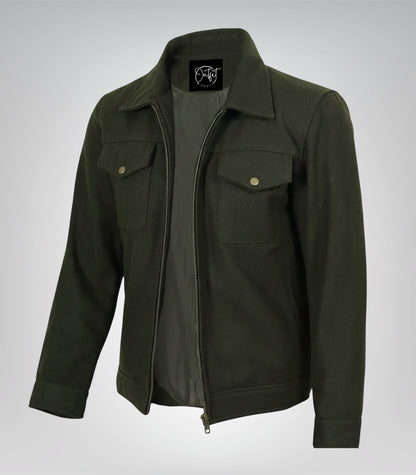 Men’s olive green wool utility jacket with zip-up closure