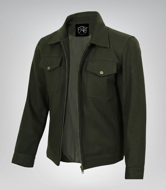Men’s olive green wool utility jacket with zip-up closure