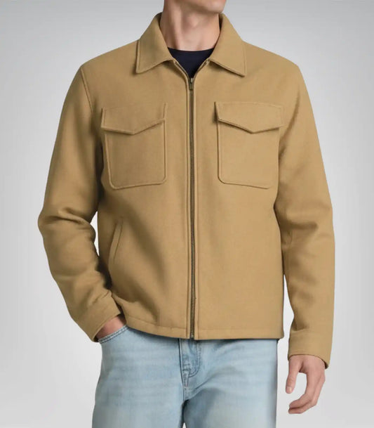 Men’s Camel Brown Wool Trucker Jacket with Zip Closure