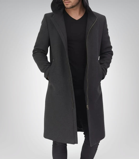 Men’s Gray Hooded Wool Overcoat Long Knee-Length Winter Coat with Zip Closure