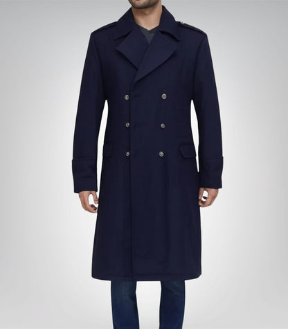Wallace Men’s Blue Double-Breasted Wool Overcoat Classic Tailored Winter Coat