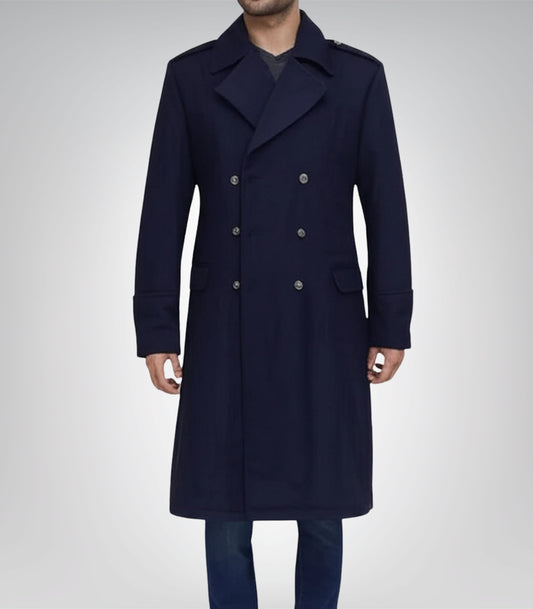 Wallace Men’s Blue Double-Breasted Wool Overcoat Classic Tailored Winter Coat