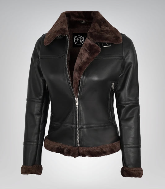 Women’s dark brown genuine leather bomber jacket with shearling trim