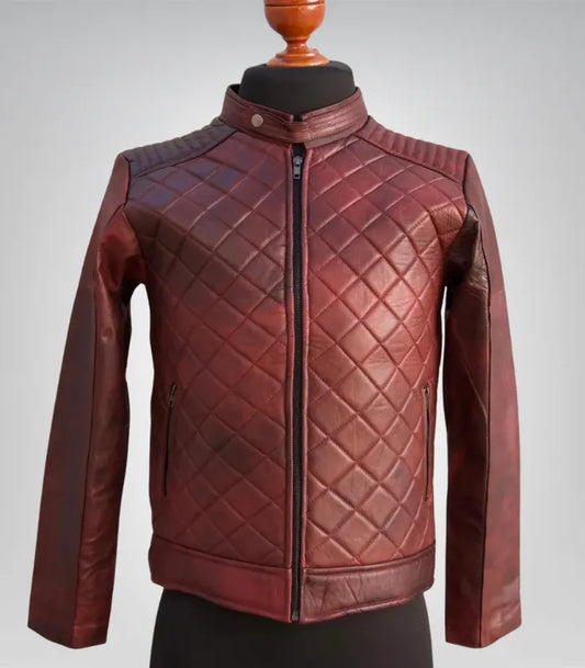 Men’s vintage burgundy red leather jacket – handmade biker coat with quilted design