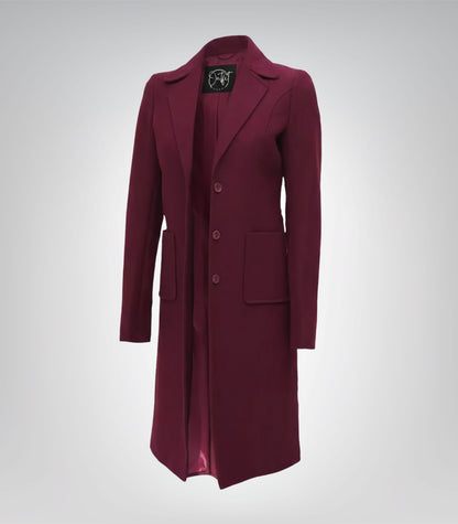 The Royale Women’s Burgundy Long Wool Coat Elegant Winter Outerwear
