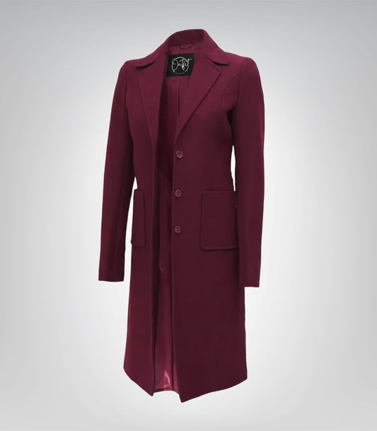 The Royale Women’s Burgundy Long Wool Coat Elegant Winter Outerwear