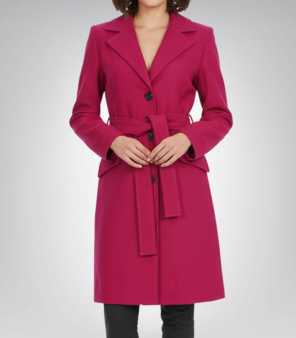 The Couture Women’s Pink Wool Long Wrap Overcoat Belted Knee-Length Winter Coat