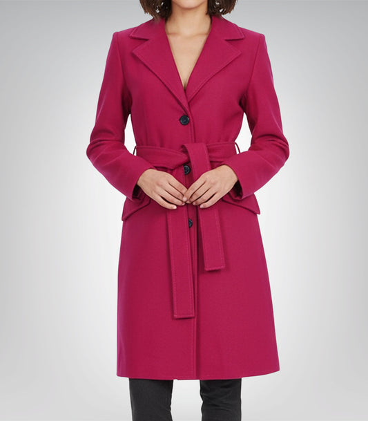 The Couture Women’s Pink Wool Long Wrap Overcoat Belted Knee-Length Winter Coat