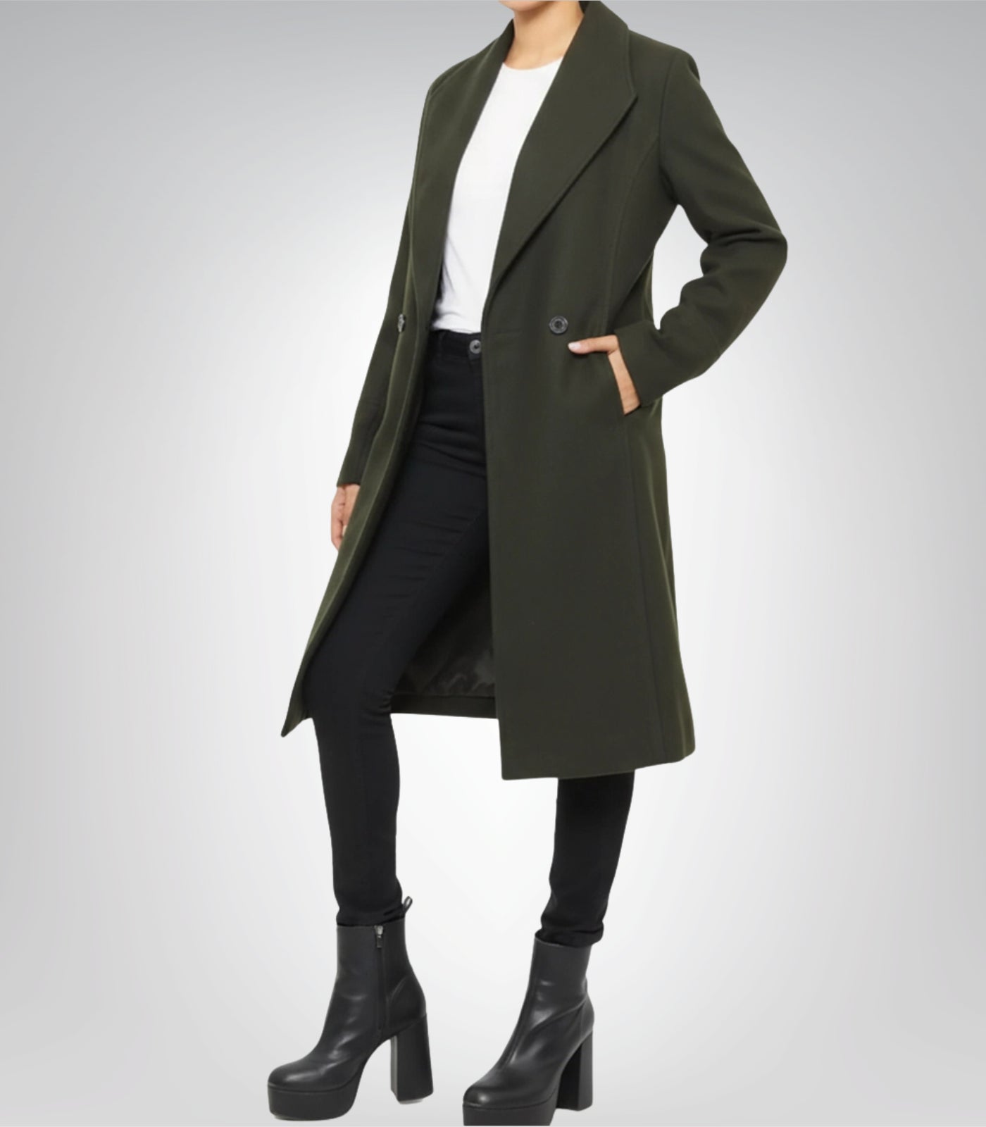 Women’s Olive Green Double-Breasted Wool Coat Knee-Length Winter Outerwear