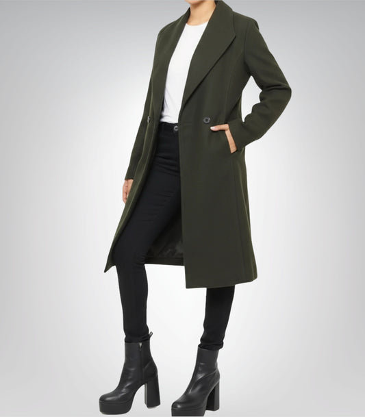 Women’s Olive Green Double-Breasted Wool Coat Knee-Length Winter Outerwear