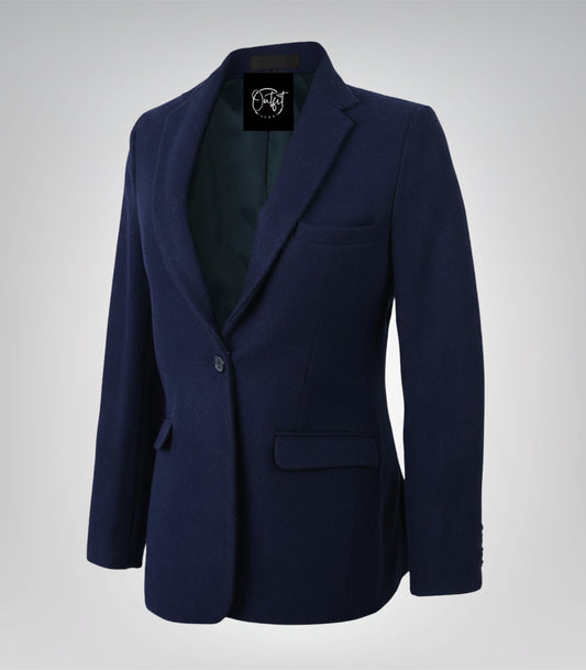 Women’s Navy Blue Wool Blazer with Notch Lapel Single Button Tailored Jacket