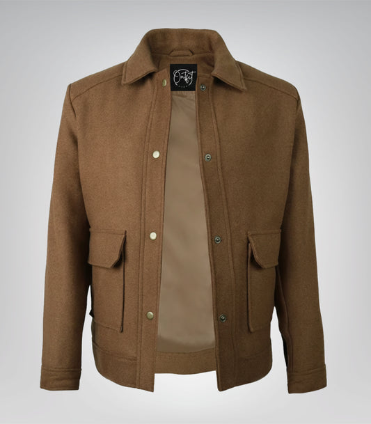 Women’s Brown Wool Utility Jacket Everyday Warm Layer with Snap Button Front