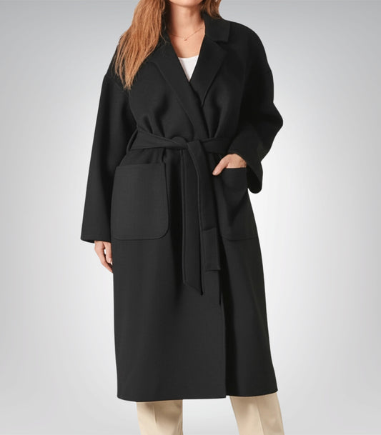 Genesis Women’s Black Oversized Long Wool Coat Relaxed Fit with Detachable Belt