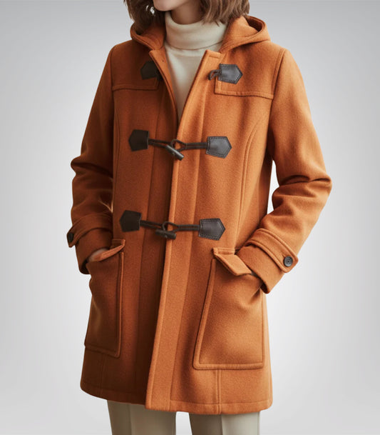 Suzanne Women’s Rust Hooded Wool Duffle Coat Cozy Toggle Front Winter Jacket