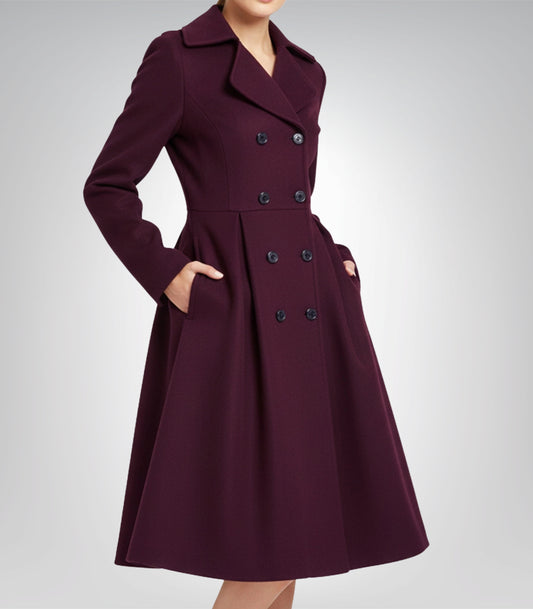 Carol Women’s Burgundy Double-Breasted Wool Coat Sculpted Waist Winter Outerwear