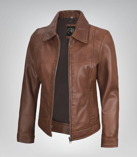 Women’s cognac leather Harrington style jacket with shirt collar