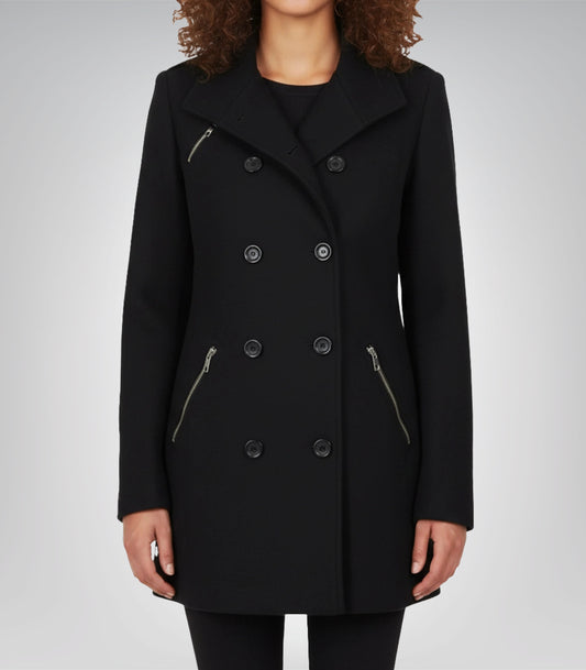 Debbie Women’s Black Double-Breasted Wool Peacoat Classic Winter Essential