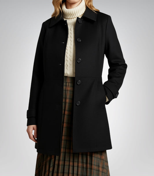 Josephine Women’s Mid-Length Black Wool Coat Cozy Winter Outerwear with Button Front