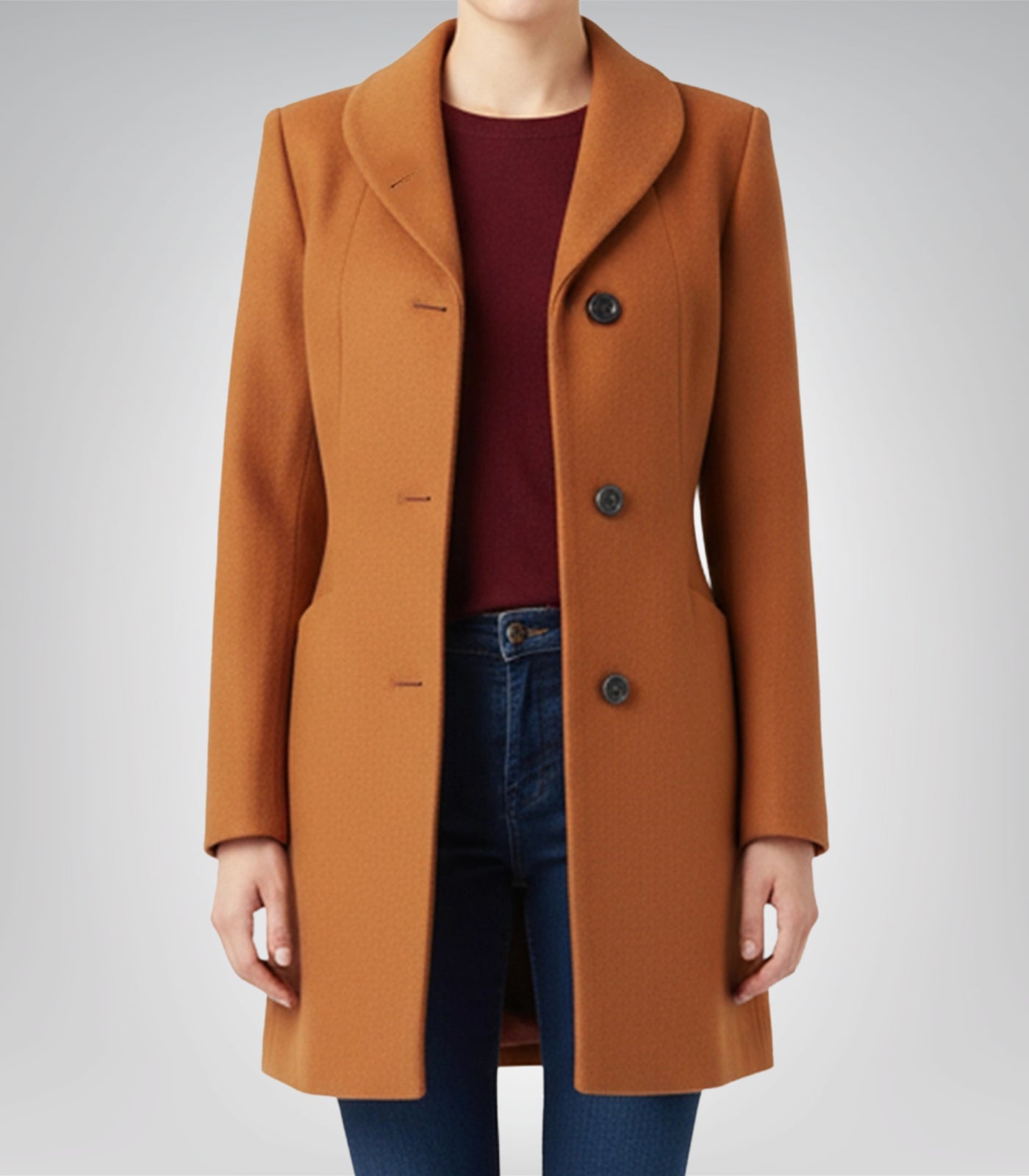 Barbara Women’s Mid-Length Rust Wool Coat Warm Shawl Lapel Winter Outerwear