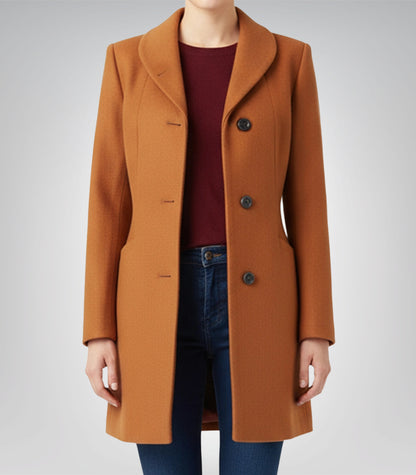 Barbara Women’s Mid-Length Rust Wool Coat Warm Shawl Lapel Winter Outerwear