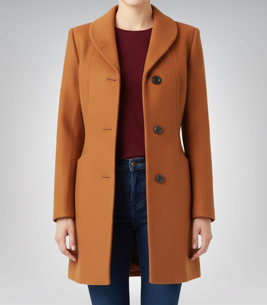 Barbara Women’s Mid-Length Rust Wool Coat Warm Shawl Lapel Winter Outerwear