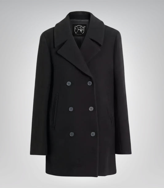 Shalon Executive Women’s Black Double-Breasted Wool Overcoat 3/4 Length Winter Coat