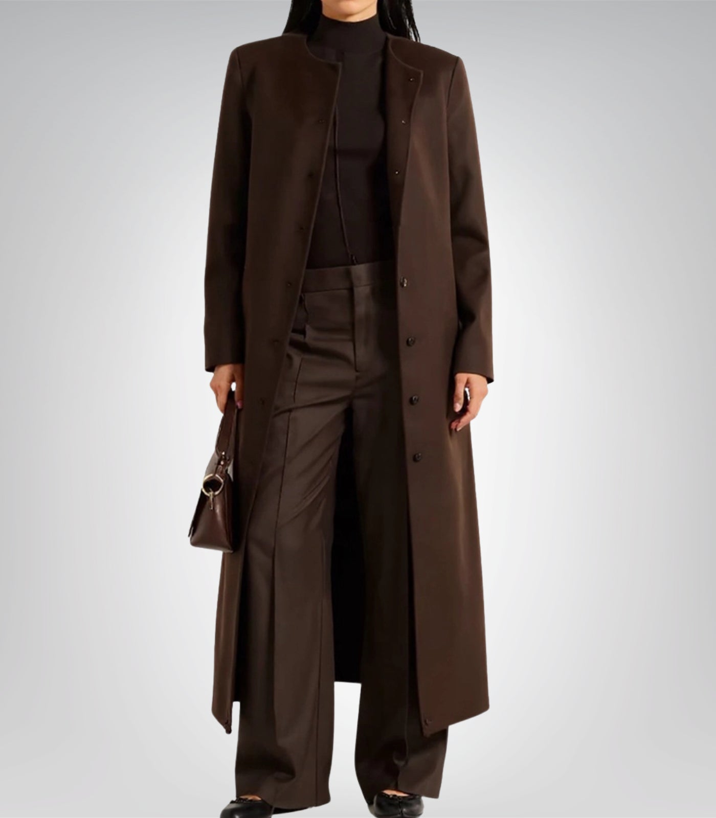 Rosario Runway Women’s Dark Brown Collarless Wool Coat Full-Length Winter Trench