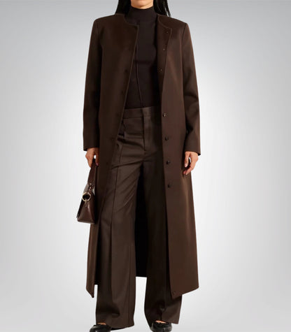 Rosario Runway Women’s Dark Brown Collarless Wool Coat Full-Length Winter Trench