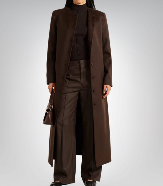 Rosario Runway Women’s Dark Brown Collarless Wool Coat Full-Length Winter Trench