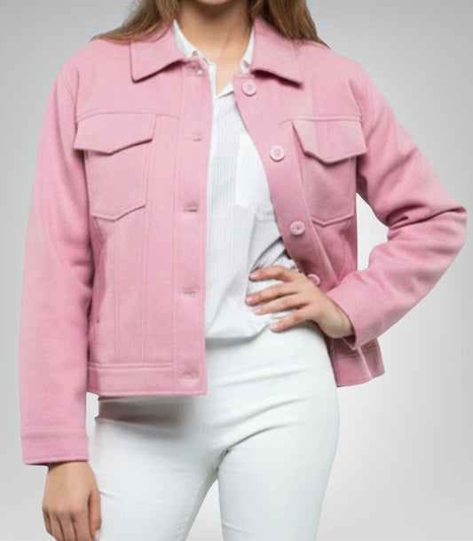 Women’s Classic Pink Wool Button-Up Jacket Trucker Style Winter Coat