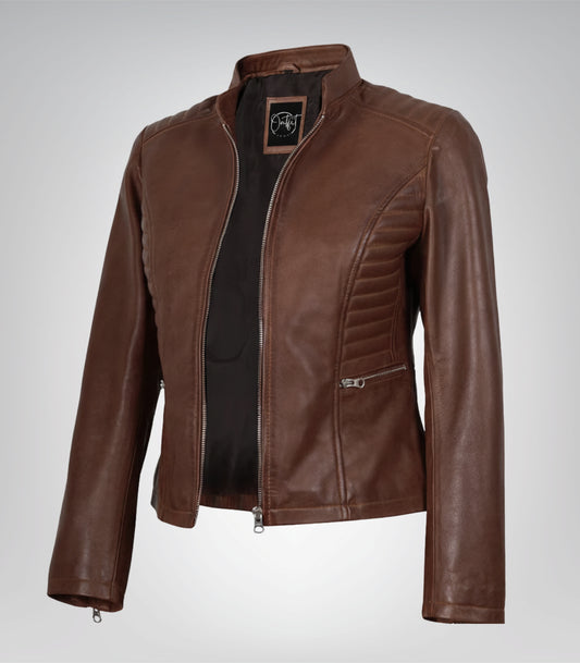 Women’s cognac waxed motorcycle-style leather jacket