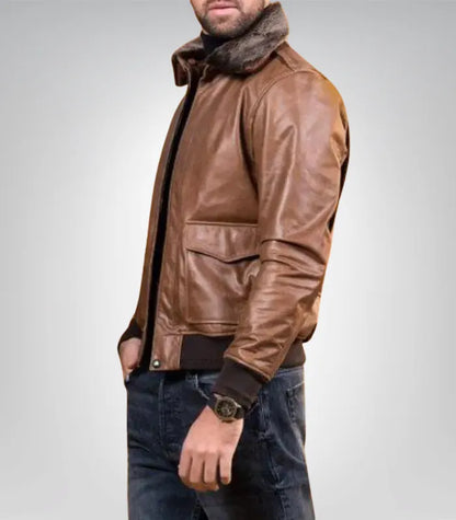 Men’s genuine cowhide aviator jacket – brown fur collar flying bomber