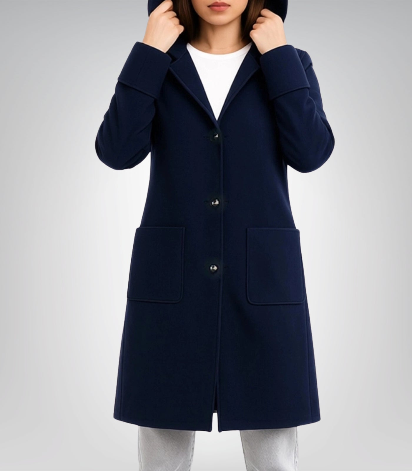 Evelyn Women’s Navy Blue Hooded Wool Coat Relaxed Fit Winter Outerwear