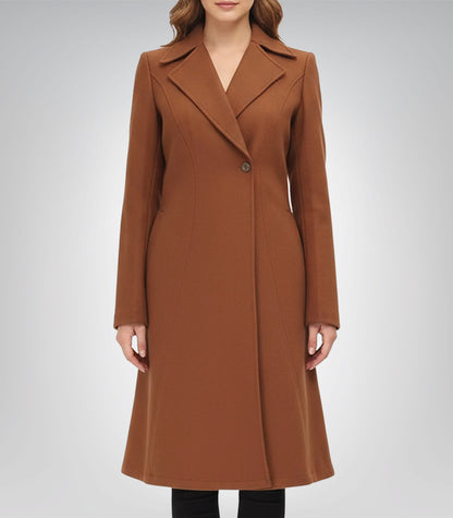 Denise Women’s Double-Breasted Camel Brown Wool Coat Elegant Flared Winter Outerwear