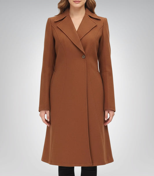 Denise Women’s Double-Breasted Camel Brown Wool Coat Elegant Flared Winter Outerwear