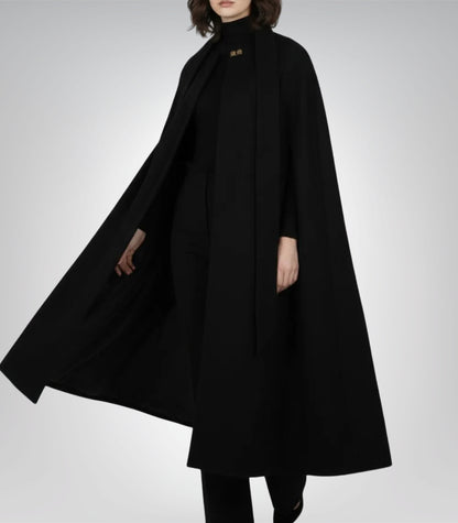 Marrie Women’s Black Long Wool Cape Coat Elegant Draped Winter Outerwear