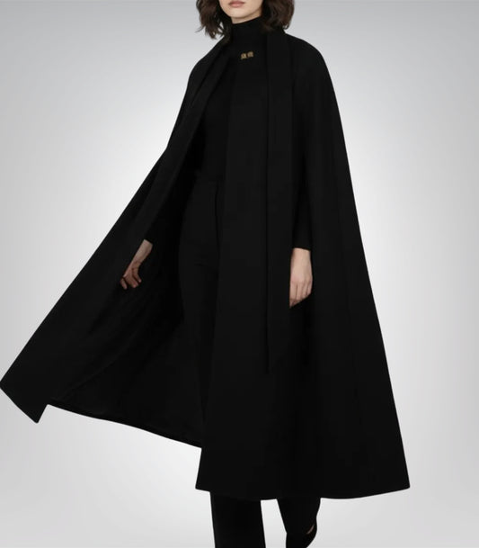 Marrie Women’s Black Long Wool Cape Coat Elegant Draped Winter Outerwear