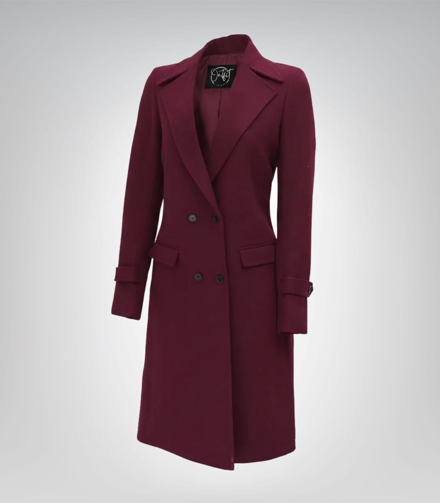 Women’s Burgundy Double-Breasted Long Wool Coat Elegant Wrap Trench Style