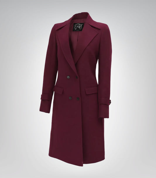 Women’s Burgundy Double-Breasted Long Wool Coat Elegant Wrap Trench Style