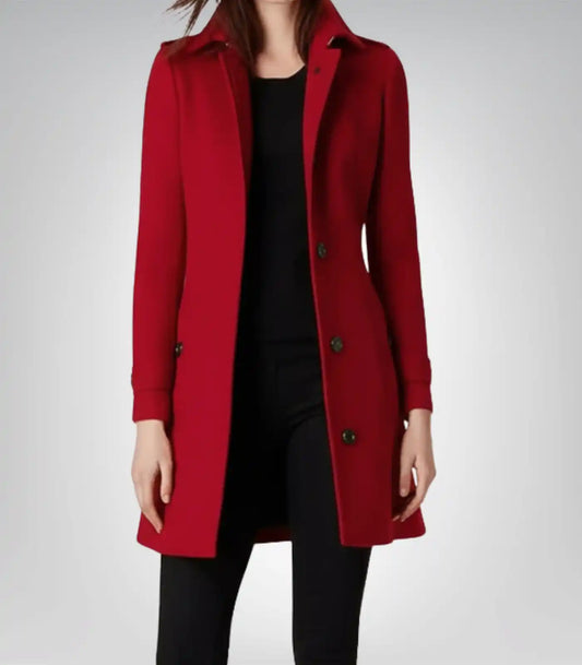 Women’s Red Single-Breasted Wool Coat – 3/4 Length