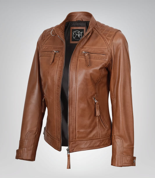 Women’s real lambskin leather quilted biker jacket in tan