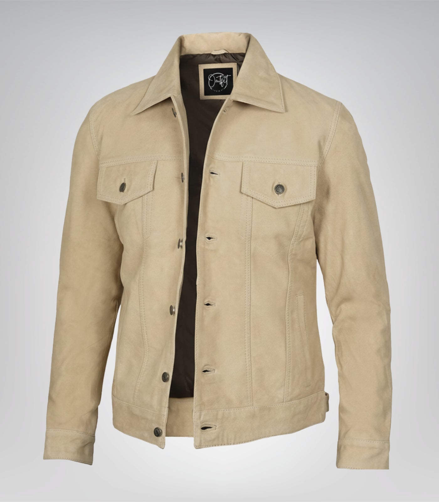 Men’s Classic Camel Real Suede Trucker Jacket Button Front Casual Style