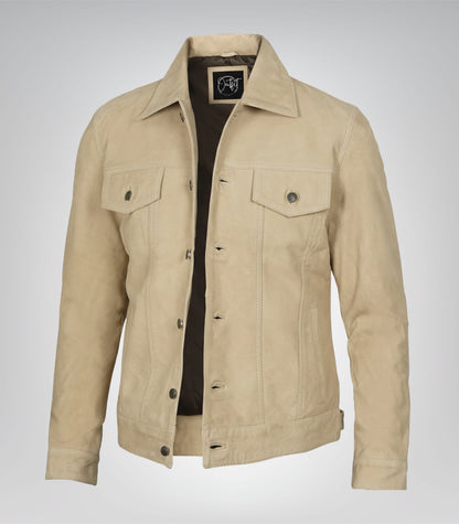 Men’s Classic Camel Real Suede Trucker Jacket Button Front Casual Style